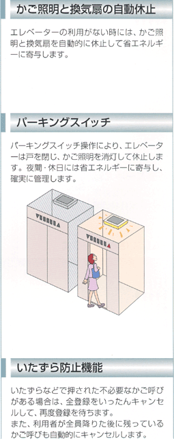 かご照明と換気扇の自動休止 / パーキングスイッチ / いたずら防止機能